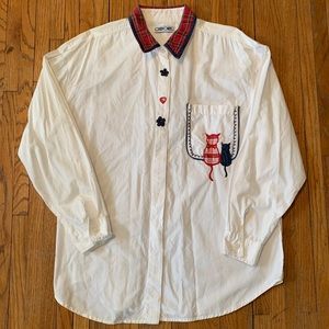 Vintage Cat Embroidered Button Down Shirt 90’s